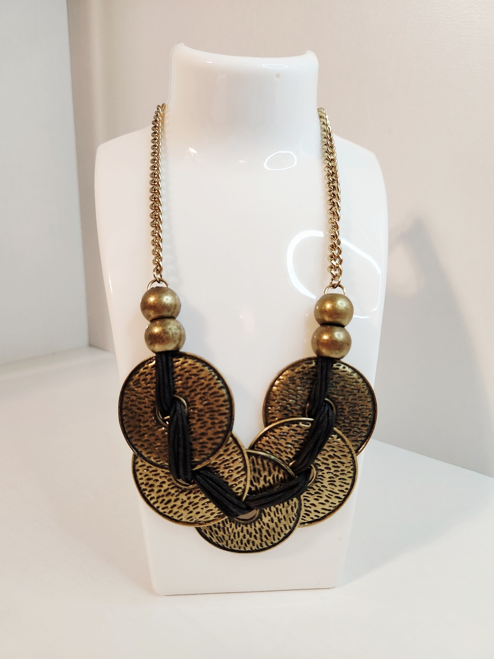 Gold Statement Disc Necklace with Black Cord